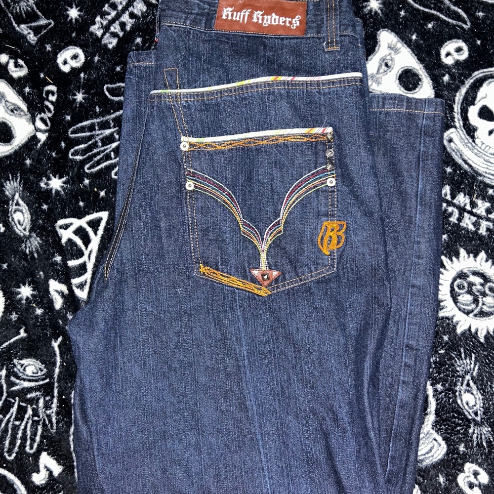 Baggy ruff rider embroidery jeans
